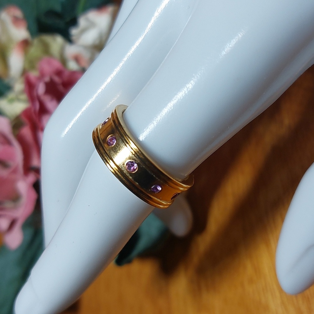 Wide Goldtone Band Pink Crystals Ring Size 7